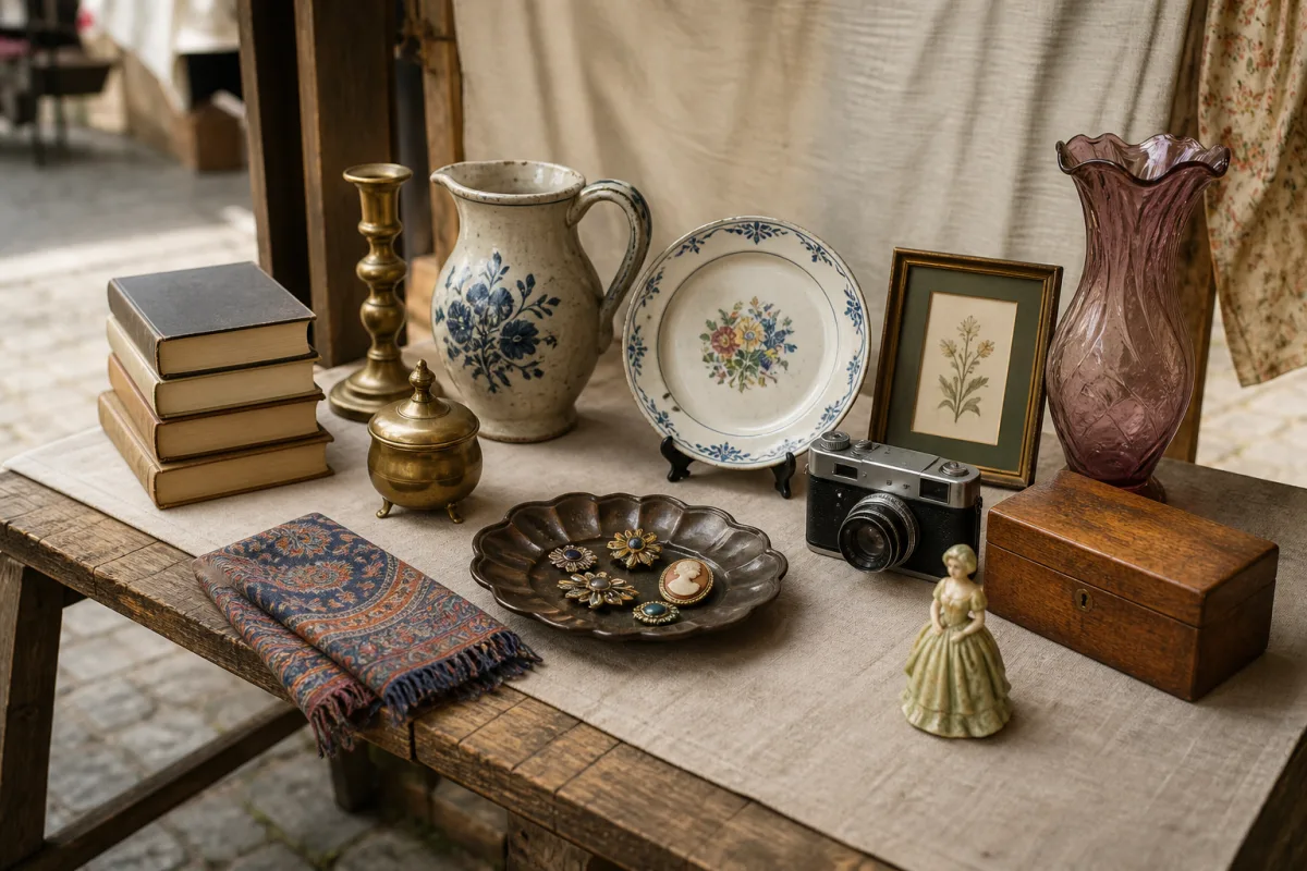 A flea-market table with books, ceramics, decor, accessories, and collectibles arranged as sellable items.