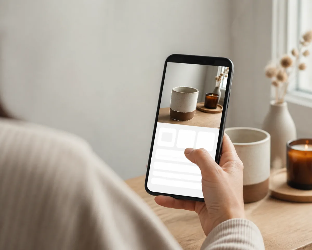 A seller using a phone to outline a ceramic cup and complete a simple product form.