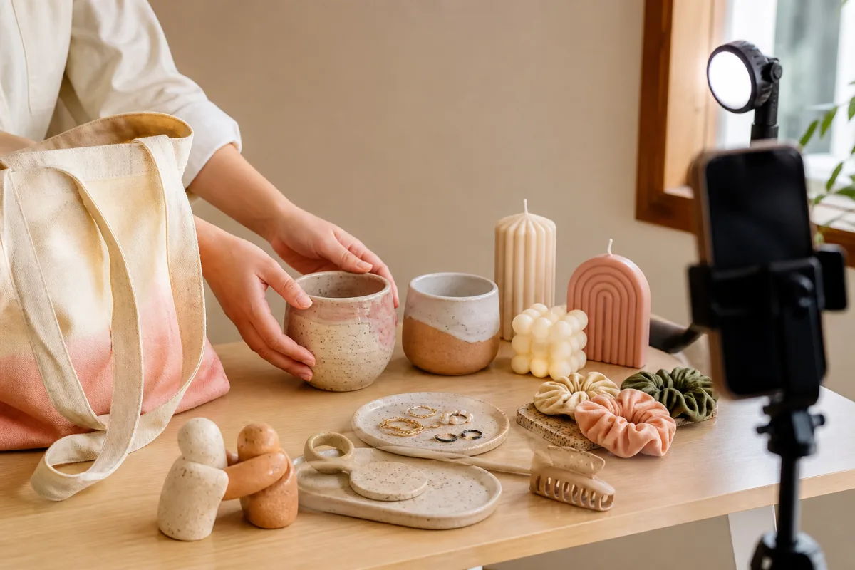 A small social seller arranging handmade products in front of a phone camera.