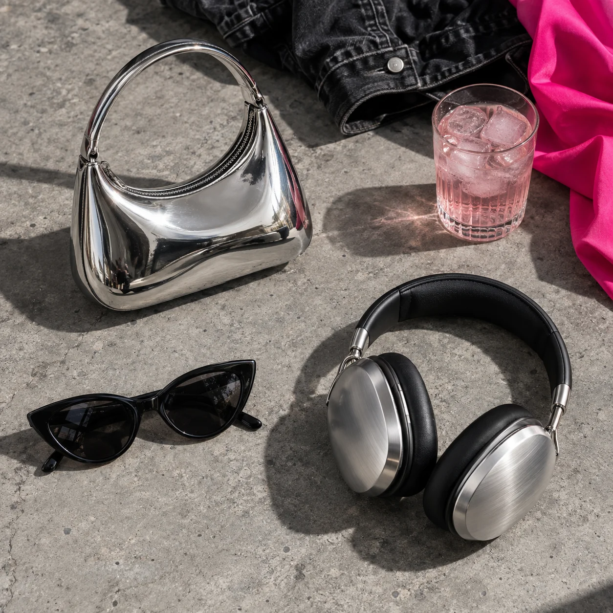 A chrome mini bag, black sunglasses and silver headphones on concrete with black denim and pink fabric.