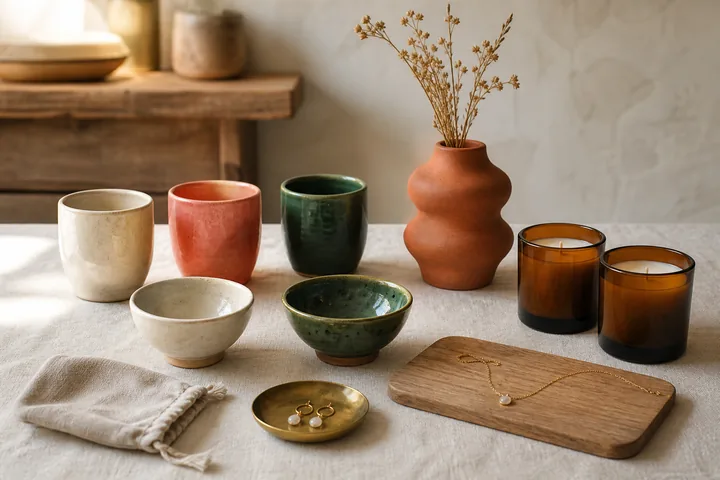 A handmade collection of ceramics, candles and jewelry.