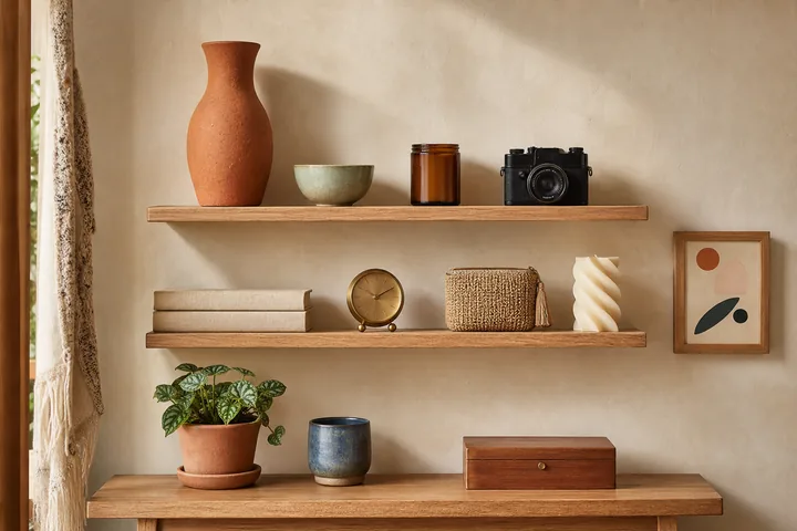 A shelf and table holding ceramics, a camera, books, a candle, a clock, a plant and other sellable objects.