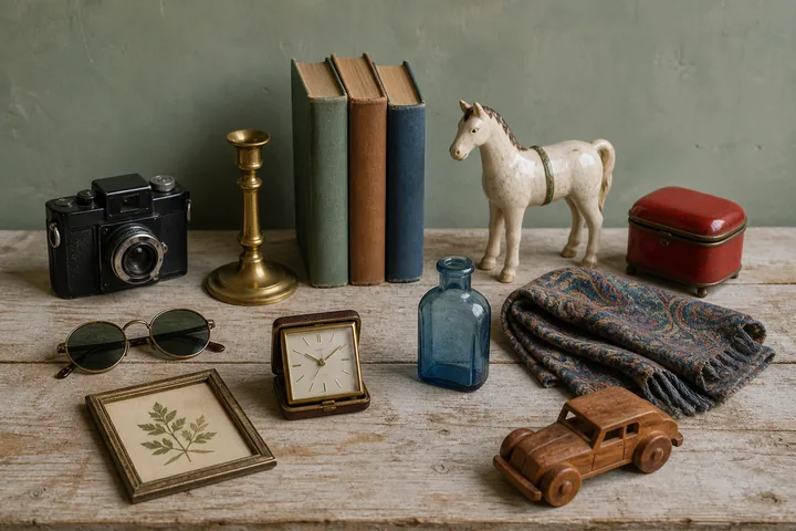 A flea-market table with a camera, books, decor, accessories and collectibles.