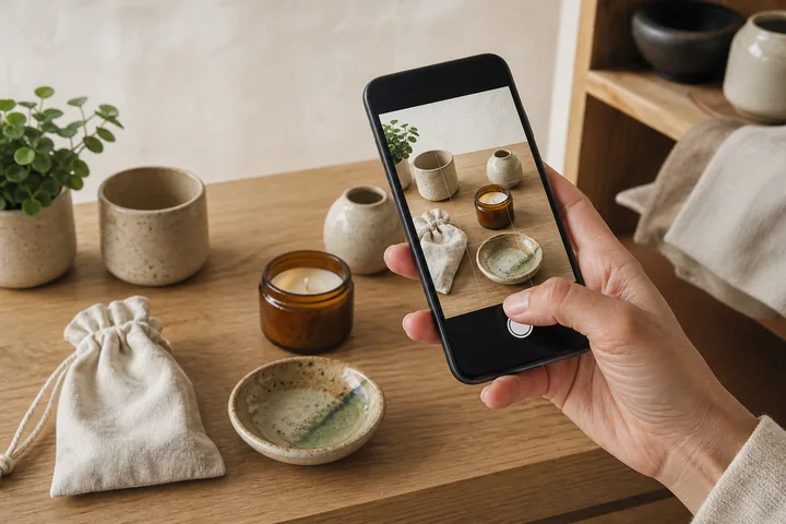 A seller photographing products with a phone.
