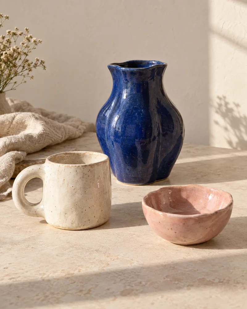 A handmade ceramic collection with a blue vase, ivory mug and pink bowl.
