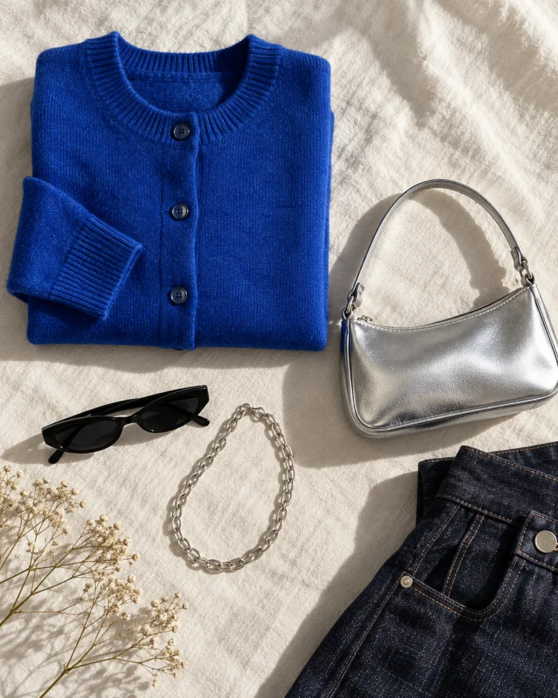 An outfit flat lay with a blue cardigan, silver handbag and black sunglasses.