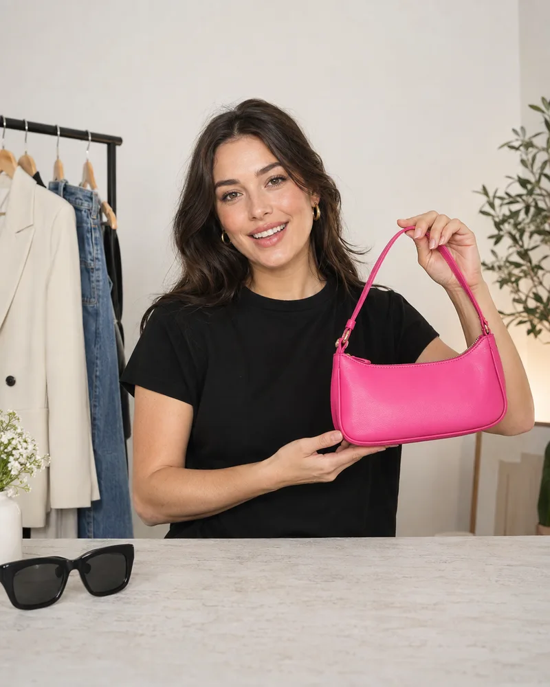 A fashion seller holding a pink handbag during an illustrative livestream.
