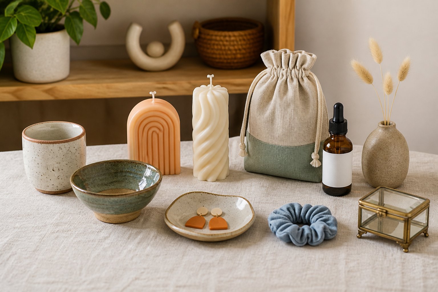A small seller’s table with ceramics, candles, accessories and home products.